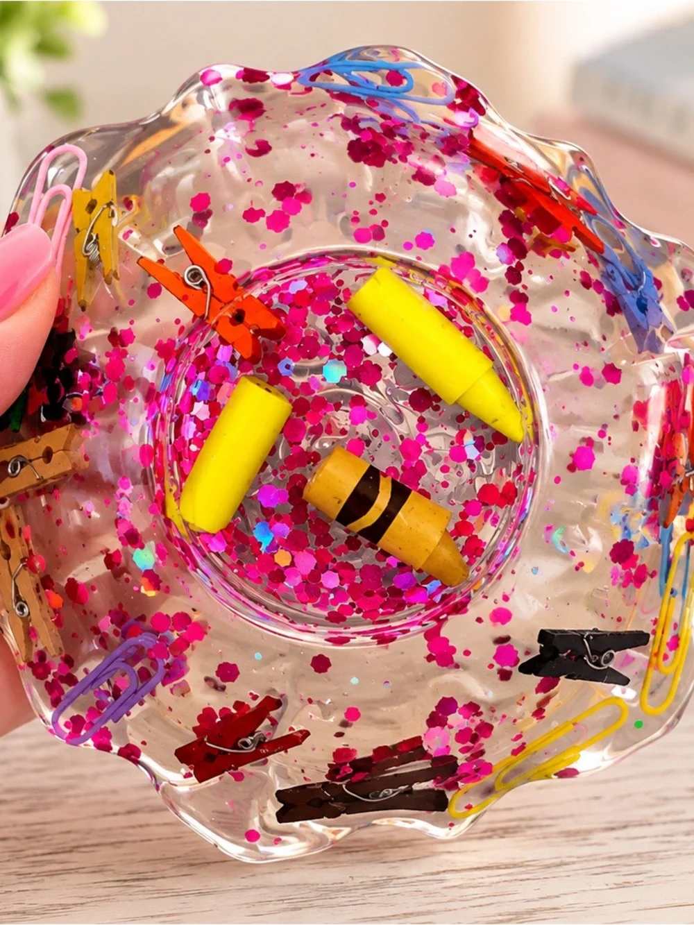 Clear Resin Decorative Bowl with Pink Confetti and Multicolor Accents